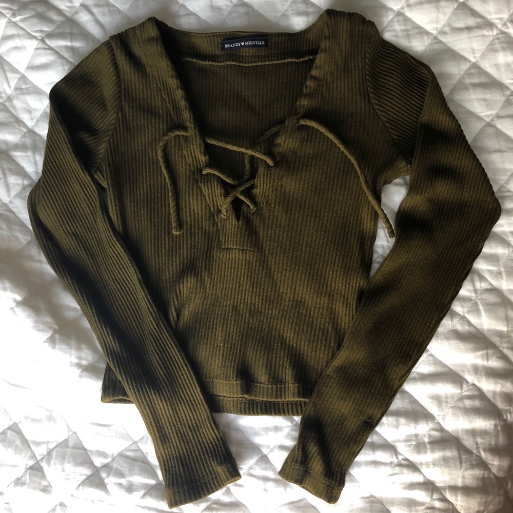 Olive green brandy Melville long sleeve tie up top